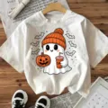 Halloween schattige geest print wit t-shirt korte mouw casual dames vakantie top - S / Katoen Wit