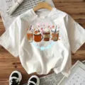 Halloween koffie pompoen grafische print korte mouw wit t-shirt casual top dames - S / Katoen Wit
