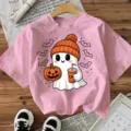 Leuk roze t-shirt met korte mouwen en Halloween spookprint casual vakantie top voor dames - S / Katoen Roze