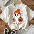 Halloween lindo fantasma impresión gráfica blanco manga corta camiseta top casual de mujer - S / Blanco