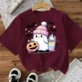 Camiseta de manga corta con gráfico de fantasma de Halloween lindo top casual cuello redondo. - Burdeos