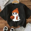 Schattig Halloween geest print zwart korte mouw t-shirt, casual losse vakantie top voor dames. - S / Katoen Zwart