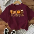 Burgundy Thanksgiving Short Sleeve T-Shirt Fall Pumpkin Turkey Graphic Casual Top Tee - Burgundy
