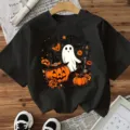 Halloween zwart t-shirt met korte mouwen en pompoen geest kat print casual dames top - S / Katoen Zwart