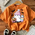 Bonita camiseta naranja de manga corta con estampado de fantasma de Halloween para mujer. - Naranja
