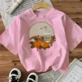Dames Roze Herfst Pompoen Koffie Grafische Korte Mouw T-Shirt Casual Leuke Vakantie Top - S / Katoen Roze