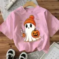 Camiseta rosa de Halloween con lindo gráfico de fantasma, top informal de manga corta. - S / Rosa