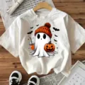 Halloween cute ghost print short sleeve t-shirt for women, casual holiday festival top apparel. - S / White Cotton