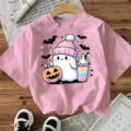 Camiseta rosa con gráfico de fantasma de Halloween bonita parte superior casual de manga - S / Rosa