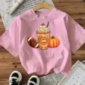 Roze t-shirt korte mouwen met pompoen latte en voetbal grafische print voor dames - S / Katoen Roze