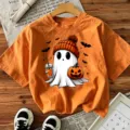 Halloween cute ghost graphic short sleeve orange t-shirt casual holiday festival top for women - S / Orange Cotton