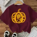 Burgundy short sleeve t-shirt featuring a yellow pumpkin sunflower graphic print top main view - Cotton Wine Red