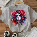 Casual grey short sleeve t-shirt featuring colorful day of the dead woman graphic print for women. - Gray
