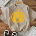 Casual beige short sleeve t-shirt with autumn pumpkin sunflower graphic print for women. - Cotton Apricot