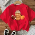 Rood t-shirt met korte mouwen en een feestelijke herfst pompoen en koffie print. - S / Katoen Rood