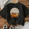 Zwart t-shirt met korte mouwen en herfst koffie en pompoen print casual top dames - S / Katoen Zwart