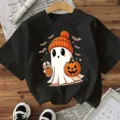 Camiseta negra de Halloween con estampado de fantasma lindo, top casual de manga corta mujer. - S / Estilo Algodón Negro
