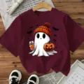 Halloween Women Short Sleeve T-Shirt Casual Spooky Ghost Pumpkin Graphic Tee Holiday Top Shirt - S / Cotton Burgundy