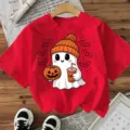 Halloween rood korte mouw t-shirt met schattige geest en pompoen print casual top. - S / Katoen Rood