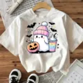 Halloween lindo fantasma gráfico camiseta blanca manga corta top casual festivo para mujeres - S / Blanco
