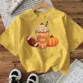 Women's autumn pumpkin coffee graphic short sleeve casual t-shirt daily wear top. - Cotton Yellow