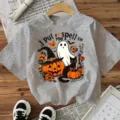 Grey Halloween short sleeve T-shirt featuring a spooky ghost pumpkin graphic print top. - Cotton Gray