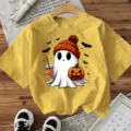 Women's Halloween Cute Ghost Graphic Short Sleeve T-Shirt Casual Yellow Summer Tee Top - S / Washed Yellow