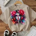 Beige short sleeve t-shirt with colorful Day of the Dead woman graphic print for Halloween casual wear. - Apricot