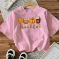 Pink short sleeve women t-shirt with thanksgiving pumpkin print, casual holiday top. - S / Tops / Pink