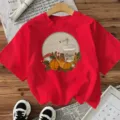 Rood kort mouw t-shirt met herfst pompoen koffie print voor dames en meisjes. - S / Katoen Rood