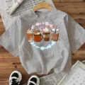 Grey short sleeve t-shirt featuring cute autumn pumpkin coffee cups graphic casual top. - Cotton Gray