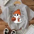 Grey short sleeve Halloween T-shirt featuring cute ghost and pumpkin graphic print for women. - Cotton Gray