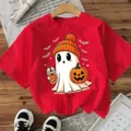 Camiseta roja de manga corta con gráfico de fantasma de Halloween para mujer top - S / Rojo Lavado