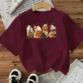 Women's Halloween cute coffee cup pumpkin graphic short sleeve t-shirt casual top - Burgundy