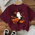 Burgundy Halloween short sleeve t-shirt with spooky ghost pumpkin graphic print top. - Cotton Wine Red