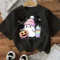 Camiseta negra de manga corta para Halloween con gracioso diseño de fantasma, top casual de algodón. - S / Estilo Algodón Negro