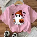 Halloween pink short sleeve t-shirt with cute ghost pumpkin graphic casual top for women - S / Pink Cotton