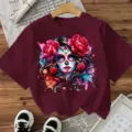 Burgundy short sleeve t-shirt featuring Day of the Dead floral skull graphic for women halloween. - Burgundy