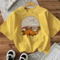 Women casual yellow short sleeve t-shirt with cute autumn coffee pumpkin graphic top. - S / Cotton Yellow