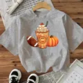Halloween graphic short sleeve t-shirt pumpkin coffee casual grey top for women daily wear - Cotton Gray