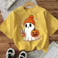 Camiseta de manga corta amarilla con gráfico de fantasma lindo Halloween casual. - Amarillo Lavado