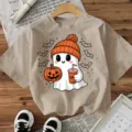 Women cute Halloween ghost print short sleeve T-shirt casual beige summer holiday top SKU - Cotton Apricot