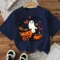 Dark blue Halloween short sleeve t-shirt with spooky ghost and pumpkin graphic top. - Cotton Navy Blue