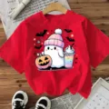 Mujeres Halloween Camiseta Manga Corta Lindo Fantasma Calabaza Gráfico Casual Top Moda - S / Rojo Lavado