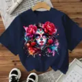 Women Halloween Sugar Skull T-Shirt Short Sleeve Casual Festival Gothic Top Blue - Navy Blue