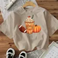 Casual khaki short sleeve t-shirt with autumn pumpkin and coffee graphic print for women. - Cotton Apricot
