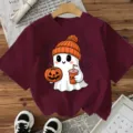Halloween cute ghost pumpkin print short sleeve maroon t-shirt for women casual holiday top - Cotton Wine Red