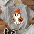 Camiseta gris manga corta con estampado de fantasma Halloween top casual festivo para mujer - Gris