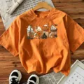 Halloween pumpkin print orange short sleeve t-shirt, casual festive top for women. - Orange