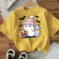 Halloween lindo fantasma estampado camiseta manga corta amarilla, top casual verano mujer. - Amarillo Lavado